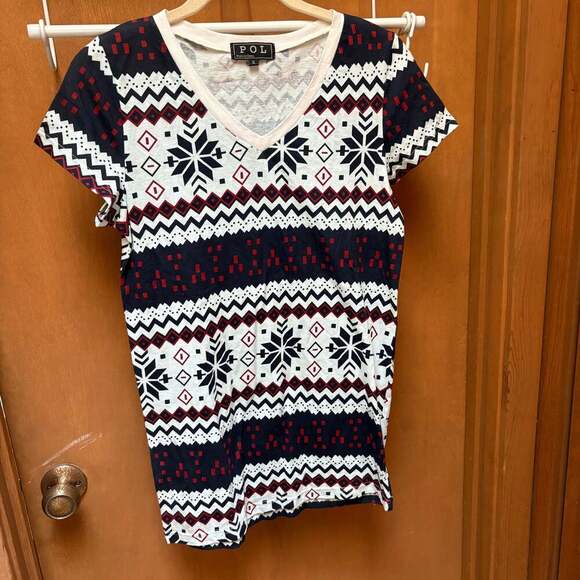 POL Tops - POL Fair Isle Pattern V-Neck Short Sleeve T-Shirt Size S